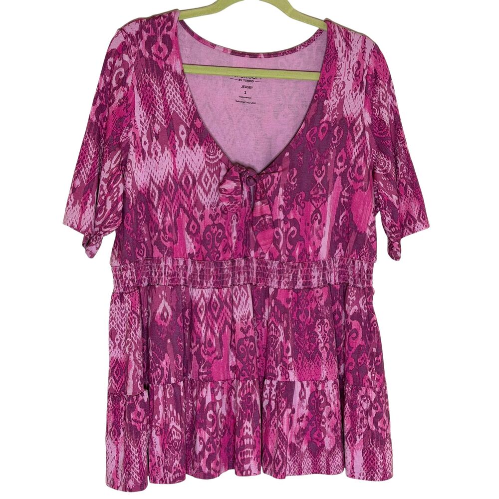 Torrid Super Soft Tie Front Babydoll Top Smocked Blouse Shirt Pink 1 US 1X - Picture 5 of 12